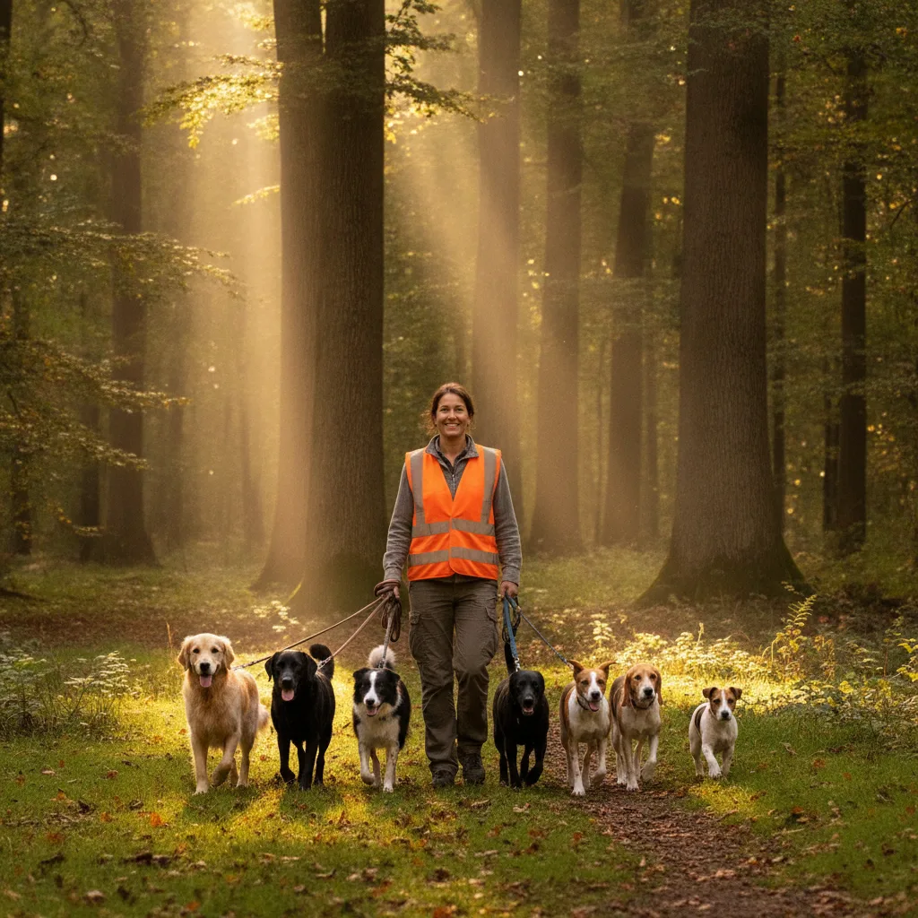 promenade chien en groupe forêt